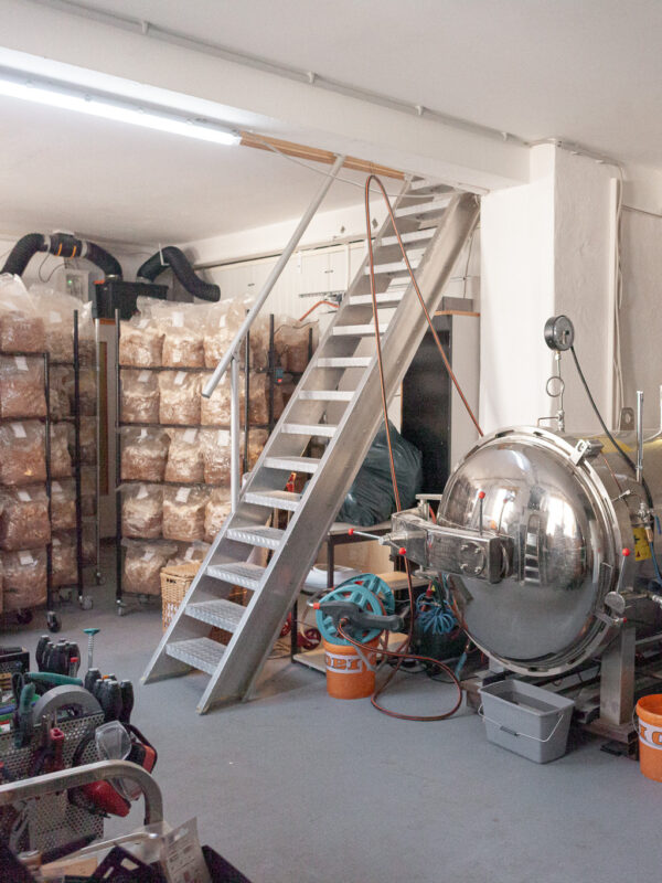 Pilzmanufaktur Freiburg mit Hefeflaschen und Produktionsanlage.